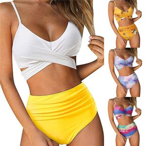 Women's Swimwear Sexy Women Two-piece Swimming Clothes Set Printing Push Up Padded Bikini Sleeveless Tops And High Waist Shorts Swimsuit Biq