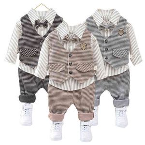 Menino 3 pcs terno camisa listrada + colete + calças conjunto crianças casual cavalheiro vestuário festa de casamento crianças roupas banquete infantil x0802