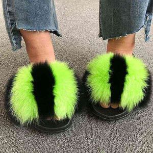 Women's Winter Plush Fox Slippers Open Toe Real Fox Hair Sandals Woman Fur Slides Fluffy Fury Shoes Female Fur Flip Flops Big 45 H1122