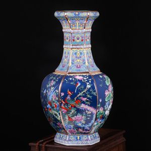 Große Vasen Für Den Boden großhandel-Vasen Jingdezhen QianLong Jahr Mark Emaille Antike Sechseckige Hohe Vase Boden Keramik Hausmöbelartikel groß