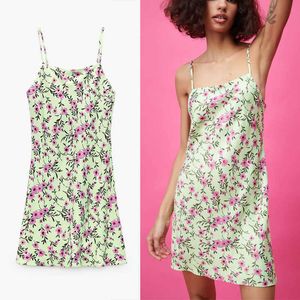 Za Green Satin Print Mini Summer Dress Women Sleeveless Straps Backless Sexy Sundress Feminine Vintage Flowers Dresses 210602