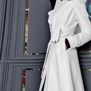NERAZZURRI Spring Runway White Long Leather Trench Coat for Women Sleeve Sleeve Elegant Luxury Fashion Womens Coats Designer 211027