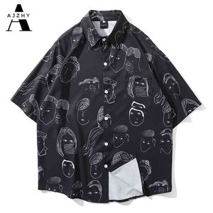 Anime print hawaiian tröjor män streetwear hip hop hajuku avslappnad tropisk strand kort ärmskjorta sommar mode toppar man 210626