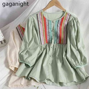 Элегантная вышивка женская блузка корейская половина слоеного рукава белая рубашка blusa повседневная полосатая кнопка вверх женские топы лето 210601