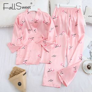 Fallsweet 2 pedaço conjunto de seda pijama sexy sleepwear mulheres manga longa camisola cetim pijama femme q0706