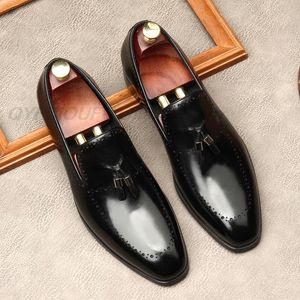 Spring Autumn Mens Penny Loafers Genuine Leather Black Tassel Slip On Dress Shoes Square Head Men Wedding Casual Business Shoes