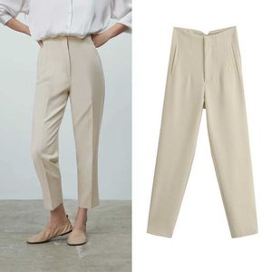 Za Mulheres Calças Ternos Altos Pant Calça Primavera Moda Moda Escritório Lady Bege Elegante Calças Casuais Pantalon Pour Femme 211006