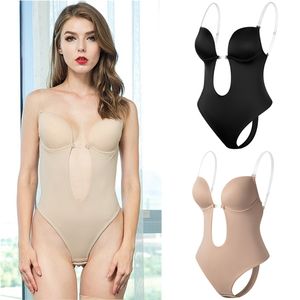 Women Plunging Deep V-Neck Body Shaper Strapless Backless Bodysuit Shapewear U Plunge Seamless Thong Full Bodysuits For Wedding 211218