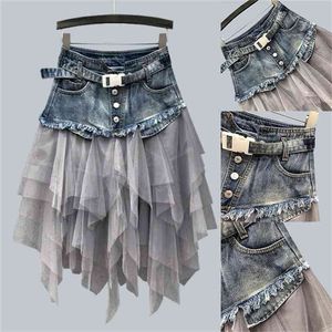 Kvinnor Denim Mesh Patchwork Lace Skirt Hög midja En linje Asymmetrisk Frill Tulle Gothic Chic Kjolar 210702