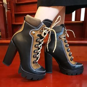 Botas de plataforma combinar cores das mulheres tornozelo bloco salto alto sapatos retro rendas até punk motocicleta plus size 2021 58572
