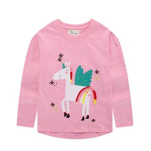 Hoppmätare Unicorn Girls Långärmad T-shirts 100% bomull Ops Barn Djurkläder Höstfjäder Kids 210529