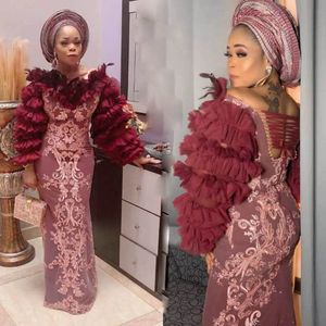 African Puffy Long Sleeves Mermaid Evening Dresses Off Shoulder Lace Appliques Tiered Sleeves Plus Size Prom Aso Ebi Gowns