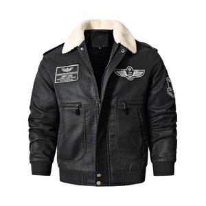 Homens Bomber Motocicleta Casaco De Couro Vintage Brown Militar Voo Casaco de Inverno Velo Faux Pigskin Pigskin Plus Size Jaqueta 211124