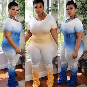 Women Gradient Colour Jumpsuits Designer Clothing Sexy Zipper Short Sleeve Pleated Pants Ladies Fashion Plus Size Rompers Nightclub