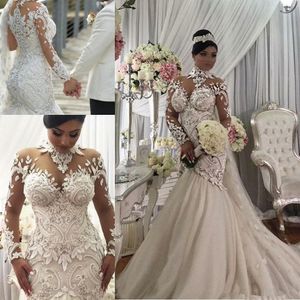 Azzaria haute plus size illusion långärmad sjöjungfru bröllopsklänningar nigeria hög hals full rygg dubai arabiska slott bröllop klänning2354
