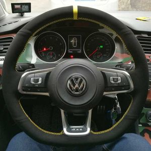 カーステアリングホイールカバーDIYハンドステッチソフトブラックスエードフォルクスワーゲンゴルフ7 MK7 GTI R VWポロスシロッコ2015 2016