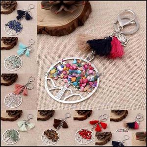 Wholesale tree life ring jewelry for sale - Group buy Key Rings Jewelry Natural Stone Tree Of Life Ring Owl Tassel Keychain Holders Bag Hangs Fashion Will And Sandy Drop Ship Delivery Qhdwy