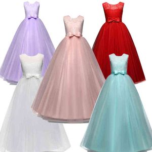 2021 Fashion Long Gown Girl Formell Princess Dress Bröllopsfest Vit Klänningar Barn Baptism Kostym för 6-14 år Girls Robe G1129