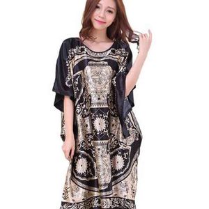 Print Black Wify Satin Press Press Nightgown Новинка Женская Кафтана Батфан Ванна Летняя Лаундж Домашняя одежда Плюс Размер 6xL