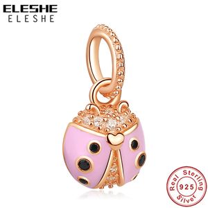 ELESHE 925 Sterling Silver Bead Charm Crystal Rose Gold Lucky Pink Ladybird Pendant Charm Fit Original Bracelet Jewelry Making Q0531