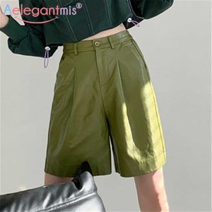 Aelegantmis Spring Plus Size Loose Wide Leg PU Leather Shorts for Women Casual Elastic Waist Female Faux 210607