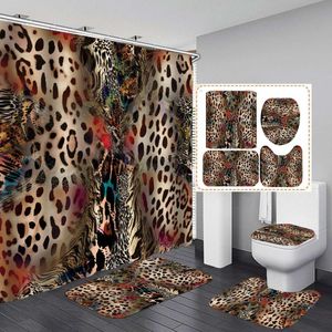 Cortinas de chuveiro Padrão de leopardo Cortina de impressão de 4 peças Tampa de tapete de banheira Banheiro conjunto de tapete com 12 ganchos