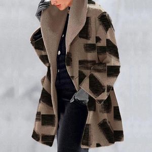 Kvinnorsullblandningar Höst Vinter Elegant Lapel Loose Coat Vintage Harajuku Mönstertryck Kvinnor Tweed OuterWear Fashion Långärmad jacka