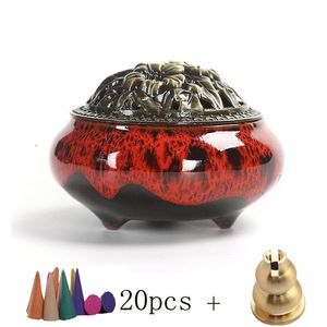 Lâmpadas de fragrância Incenso de cerâmica queimadores 20pcs cones + incenso inserção + fogo algodão porcelana Censer Budismo House Tea House Yoga