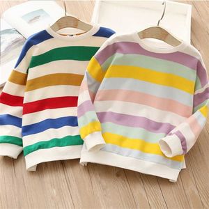 Spring Autumn Fashion 2 3 4 6 7 8 9 10 11 12 Years Children Cotton Colorful Stripe Sweatshirts For Kids Baby Girls 211029