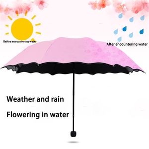 Senhoras UV Protetor de Proteção Mini Guarda-chuvas À Prova de Vento 3-Folding Blossoms em Água Alterações Cor Anti-UV Sun / Chuva Guarda-chuva 210721