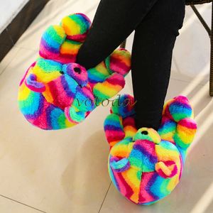 Teddy Bear Slippers Women Cute Cartoon Slides Furry Warm Soft Shoes Home Non-slip Cotton Flip Flops Rainbow Teddies Bear Slipper Y0406