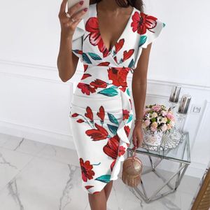 Casual Dresses Women Floral Print Sommarkläder V-Neck Butterfly Sleeve Ruffle Party Midi Dress Robe Slim High-Waisted