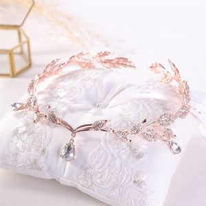 KMVEXO Rose Gold Crystal Crown Bridal Hair Accessors Wedding Teardrop Leaf Tiara Headband Frontlet Bride Jewelry