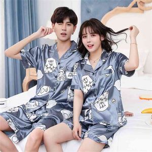 Couples Lovers Pajamas Sets Women Short-sleeved Summer Pyjama Loose Men Faux Silk Style Couple Pijama Set Sleepwear Top+Pants 210831