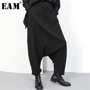 [EAM] Spring Autumn High Elastic Waist Black Button Split Joint Wide Leg Long Loose Pant Trousers Fashion YG2 210721