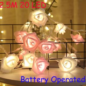 Strängar 2,5 m 20 LED Rose Flower Garland String Lights Battery Operated Fairy Christmas Holiday For Valentine Wedding Party Decors