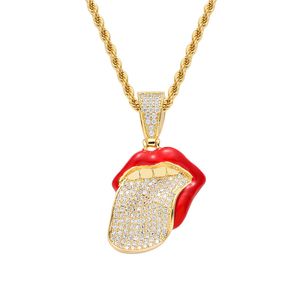 Fashion Iced Out Red Rhinestone Lips Pendant Necklaces Women Hip Hop Jewelry Trendy Gold Long Chain Necklace Men Gifts