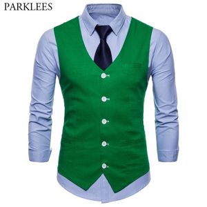 Mens Casual Green Bomull Linen Suit Vest Spring 9 Färger Waistcoat Men Business Wedding Dress Male Gilet 210923