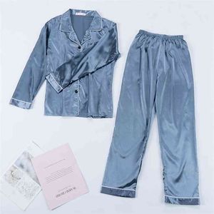 2 peças Faux Silk Setin Pijamas Conjunto Outono Mulheres Sleepwear Manga Longa Ternos Caseiros para Senhoras Cor Sólida Nightwear 210809