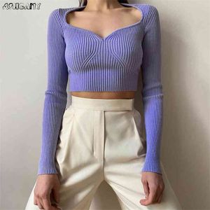 Sexy irregular Crop Sweater Solid s Knitted Women Clothes Pullover Long Sleeve Tops 210922