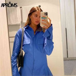 アプロームエレガントな青いコットンシャツのドレス女性の春のハイファッションソリッドカラーフレアスリーブボディコンミニドレスOL vestidos 210630