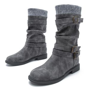 Boots mode kvinnor vinter mitten av kalvr￶rskvalitet stickning l￥ng komfort platt botines mujer riddare st￶vel kvinnlig botas cx269