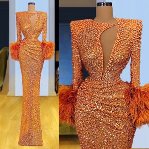 Gorgeous Long Sleeve Mermaid Evening Dresses Feather Sexy V Neck Prom Pearls Sequined Formal Gowns robe de soiree Abendkleider