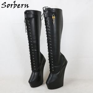 Sorbern Locks Straps Ballet Wedges Boots Heelless No Heels Mid Calf Boot Unisex Thick Platform Shoe