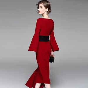 新しい不規則なウエスト締め付けドレス、210303の宴会のドレスのための赤み中長のドレスとドレス