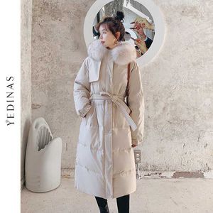 yedinas冬ロングコート女性フード付きパーカーレディース厚い暖かいジャケットベルトエレガントな大きな毛皮の襟コート女性210527