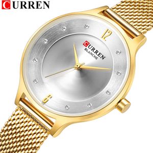 Curren Gold Women's Watch Slim Quartz Steel Mesh Strap Wristwatch Vacker Rhinestone Ring Ladies Klockor med 30m Vattentät Q0524