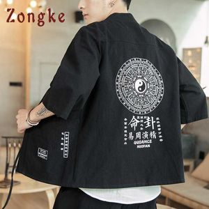 Zongke Linen Chinese Style Kimono Men Japanese Cardigan Harajuku Shirt Streetwear Hawaiian 5XL 210721