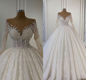 Gorgeous Long Sleeves Ball Gown Wedding Dress 3D Floral Appliques with Pearls Luxury Beaded Arabic Dubai Bridal Gowns BC5665