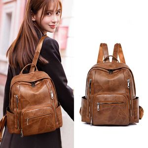 Cor sólida grande capacidade pu mochila de couro para mulheres retrô na moda adolescente meninas portátil backbag casual estilo bagpack q0528